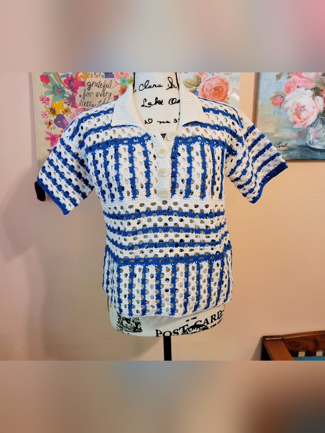 Nwt Proche Open Crochet Polo Knit Top In White And Blue, Small — image 6 of 8